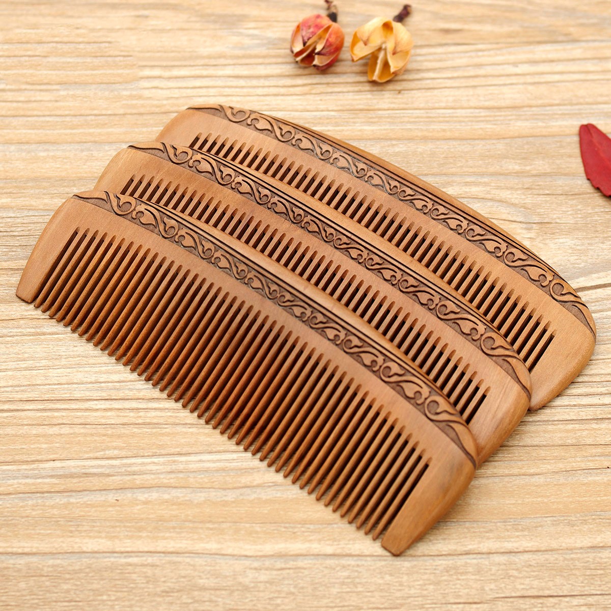Carved Peach Wood Fade Comb